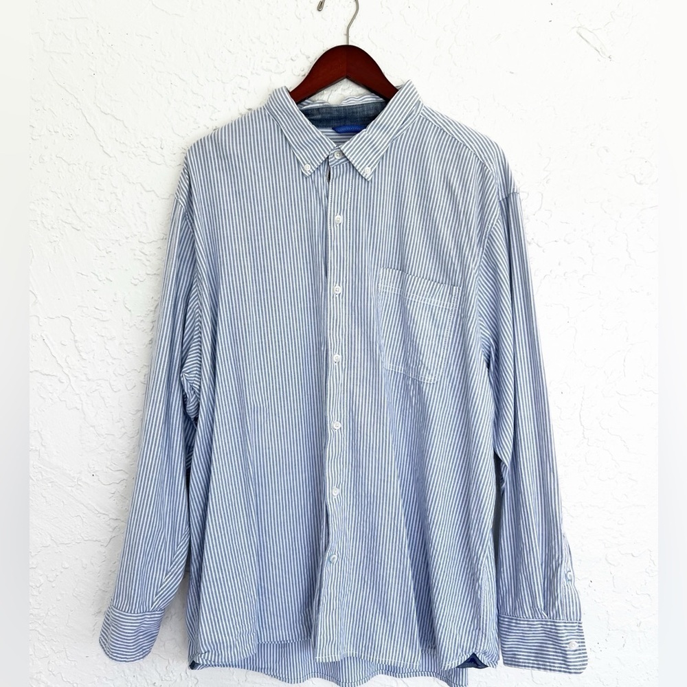 Tommy Bahama Men XXL Blue Striped Cotton Long Sleeve Button Down Casual Shirt